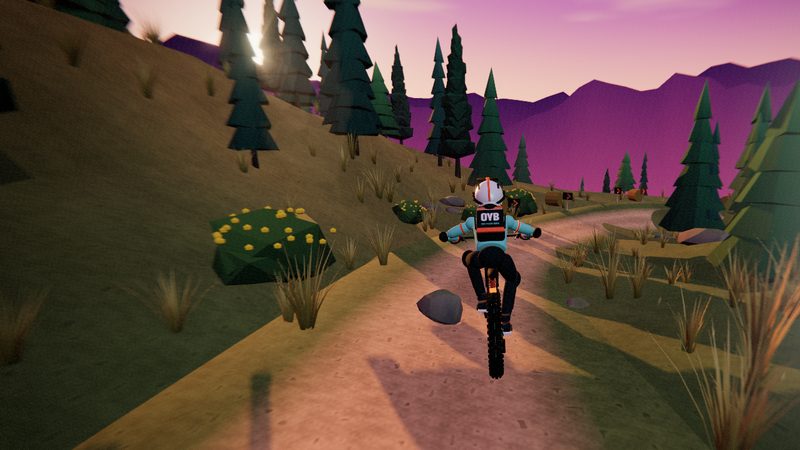 Gorse Gully: a dirt trail through pines and gorse under a purple dusk sky